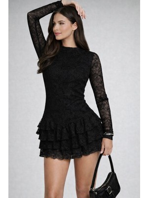 Kahverengi Dantel Elbise Katlı Etek Detaylı Astarlı Esnek Rahat