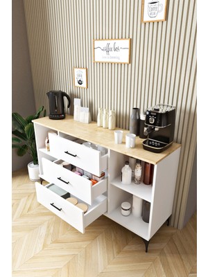 Ases Mobilya ASL4411 Kahve Köşesi Çok Amaçlı Dolap 2 Kapaklı 3 Çekmeceli Kiler Mutfak Dolabı Konsol