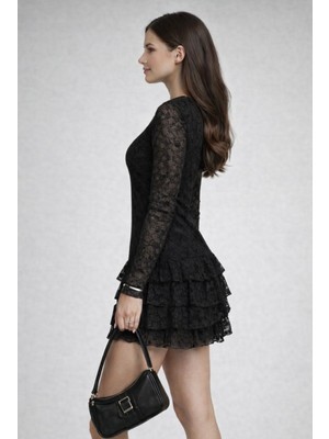 Kahverengi Dantel Elbise Katlı Etek Detaylı Astarlı Esnek Rahat