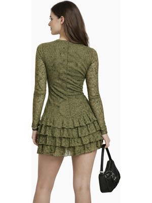 Kahverengi Dantel Elbise Katlı Etek Detaylı Astarlı Esnek Rahat