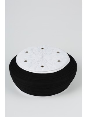 Sarıkhane Talebe Sarığı - Siyah Kumaş - Beyaz Takke - Yuvarlak Sarım - Kuş Gözü - 7 Metre