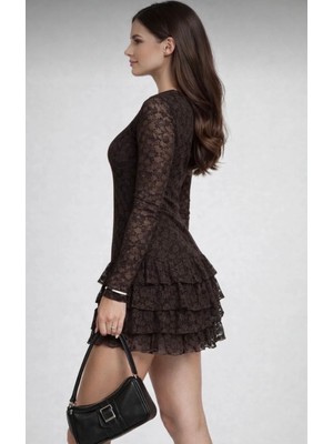 Kahverengi Dantel Elbise Katlı Etek Detaylı Astarlı Esnek Rahat