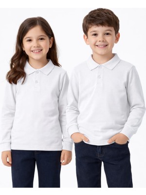 Okul Beyaz Polo Yaka Uzunkol Tişört Kıyafetleri Üniforması Çocuk Genç