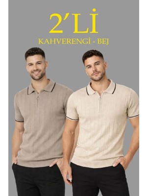 Çamaşır Kenti Erkek 2’li Paket Dokuma Triko  Fermuarlı Yakalı Fitilli Kısa Kollu Regular Fit Tişört  Bej  Kahverengi