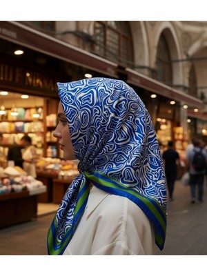 Vavelli Labirent Desen Mavi-Yeşil Pamuk Ipek Eşarp