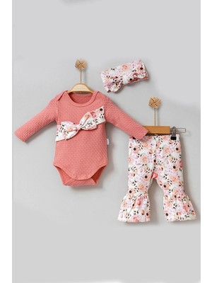 Çamaşır Kenti Çiçek Desenli Fiyonklu 3'lü Kız Bebek Takım
