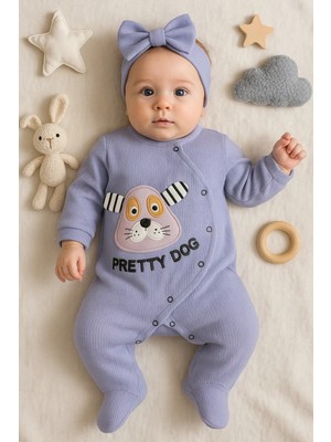 Çamaşır Kenti Pretty Dog Nakışlı Bandanalı % 100 Pamuk Kız Bebek Tulumu