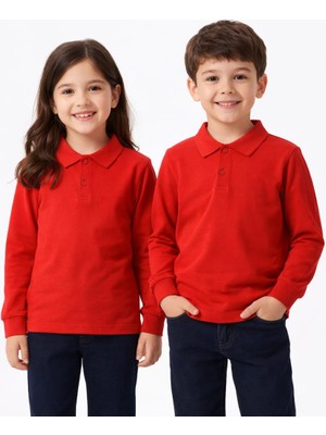 Okul Kırmızı Polo Yaka Uzunkol Tişört Kıyafetleri Üniforması Çocuk Genç