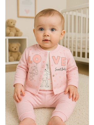 Çamaşır Kenti Love Tavşan Desenli Kol Detaylı 3'lü Hırkalı Kız Bebek Takım