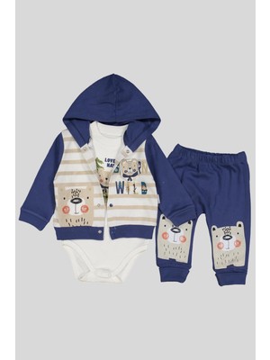 Çamaşır Kenti Kamp Desenli Kapüşonlu % 100 Pamuk Erkek Bebek Takımı