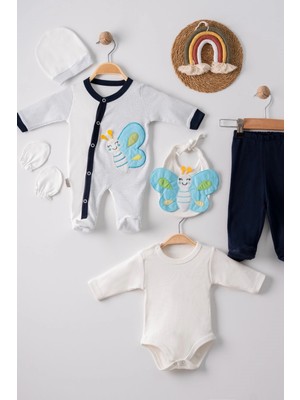 Çamaşır Kenti Kelebek Nakışlı Tulumlu % 100 Pamuk Erkek Bebek 5'li Set