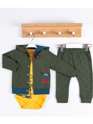 Çamaşır Kenti Cep Desenli Kapişonlu % 100 Pamuk Hırkalı 3'lü Erkek Takım