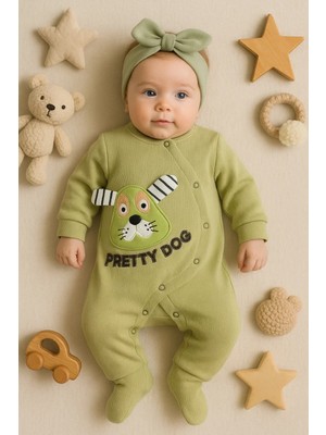 Çamaşır Kenti Pretty Dog Nakışlı Bandanalı % 100 Pamuk Kız Bebek Tulumu