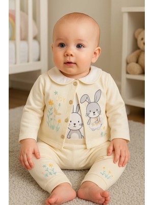 Çamaşır Kenti Tavşan Desenli Çiçekli 3'lü Hırkalı Kız Bebek Takım