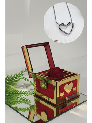 Sihirli Güllü Kutuda 14 Ayar Altın Kaplama 316L Çelik Düğüm Kalp Kolye