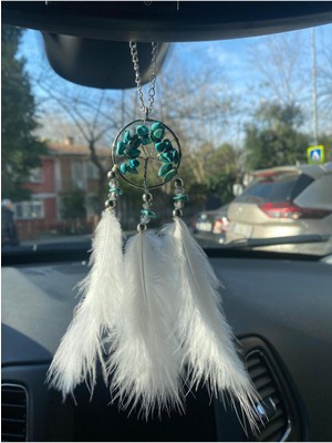 Yeşil Yaşam Ağacı Doğal Taşlı Tüylü Dikiz Aynası Süsü