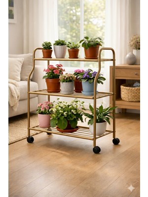 Arvion Home Gold 3 Katlı Metal Tekerlekli Mutfak ve Dekoratif Saksılık Rafı-Organizer