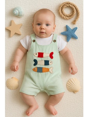 Çamaşır Kenti Balık Nakışlı Kısa Kollu Erkek Bebek Tulumu