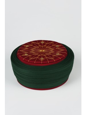 Sarıkhane Talebe Sarığı - Yeşil Kumaş - Bordo Takke - Düz Sarım - Kuş Gözü - 7 Metre