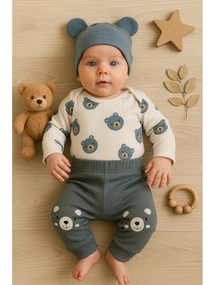Çamaşır Kenti Kulaklı Ayıcık % 100 Pamuk 3'lü Erkek Bebek Takım