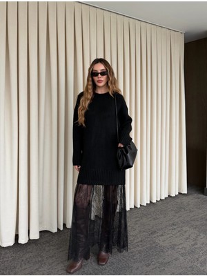 Laluvia Siyah Tül Detaylı Uzun Triko Elbise - 251009