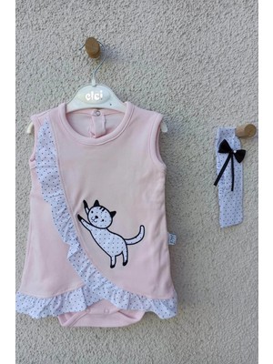 Çamaşır Kenti Kız Bebek Pembe Kedili Fırfırlı Bandanalı Badi