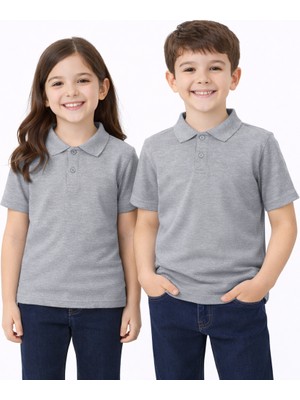 Okul Gri Polo Yaka Kısa Kol Tişört Kıyafetleri Üniforması Çocuk Genç