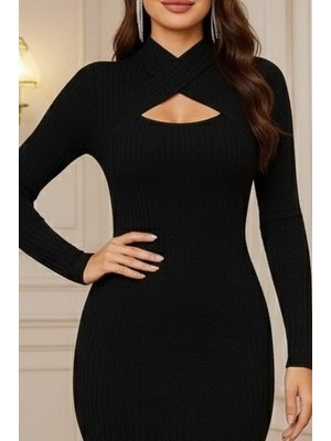 Serac Collection Kadın Uzun Kollu Göğüs Pencere Detaylı Çapraz Yaka Detaylı Şardonlu Kaşkorse Midi Elbise