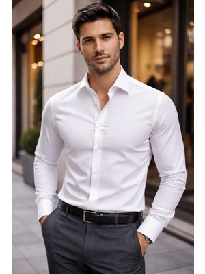 Colvis Man Erkek Dar Kesim Beyaz Slim Fit Gömlek Soğuk Baskı Takım Elbise Kombin