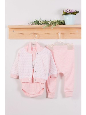 Çamaşır Kenti Puan Desenli Kapişonlu % 100 Pamuk 3'lü Kız Bebek Takım