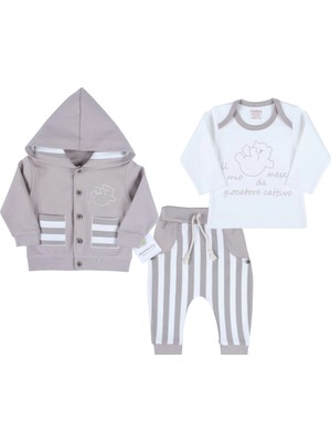 Çamaşır Kenti Ayıcık Nakışlı Hırkalı % 100 Pamuk Erkek Bebek Takım