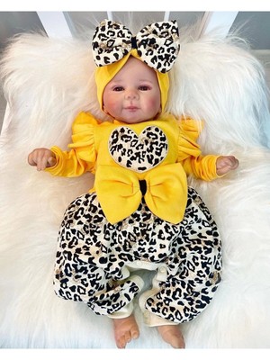 Çamaşır Kenti Fiyonklu Leopar Desenli % 100 Pamuk Kız Bebek Takım