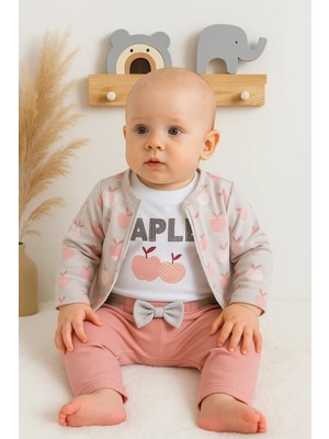 Çamaşır Kenti Elma Desenli Ceketli 3'lü Kız Bebek Takımı