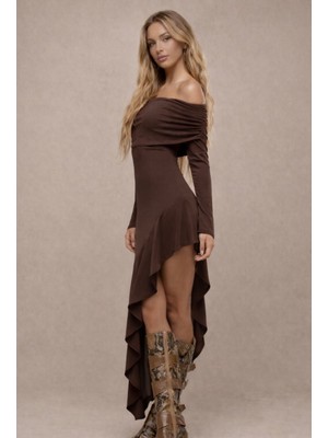 Etek Fırfır Detaylı Relaxed Sandy Kahve  Elbise