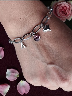 Amabel Jewelerys Sevgililer Günü Hediyesi Kalp, Harf ve Taş Charmlı Çelik Bileklik (Ipli Bileklik Hediyeli)