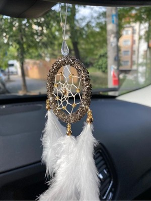 Şık Antrasit Taşlı Dreamcatcher ve Beyaz Kuş Tüylü Dikiz Aynası Süsü