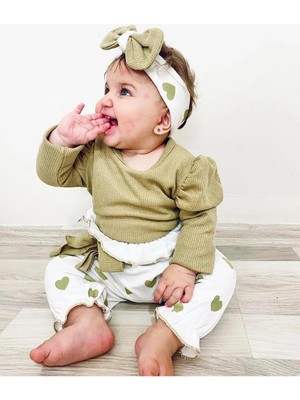 Çamaşır Kenti Kalp Baskılı Bandanalı 3'lü Lüx Waffle Kız Bebek Takım