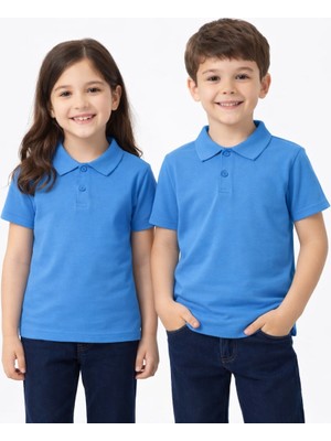 Okul Mavi ( Gök Mavisi ) Polo Yaka Kısa Kol Tişört Kıyafetleri Üniforması Çocuk Genç