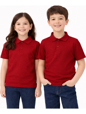 Okul Bordo Polo Yaka Kısa Kol Tişört Kıyafetleri Üniforması Çocuk Genç