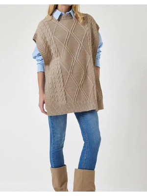 Yuga Knitting Yandan Bağlamalı Triko Örgü Detaylı Uzun 75CM Kadın Süveteri