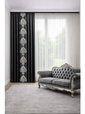Perde Merkezi Damask Gri Gold Pano Fon Perde Salon ve Misafir Odalarına Uygun 1/3 Sık Pileli Tek Kanat Lüks Modern Fon Perde