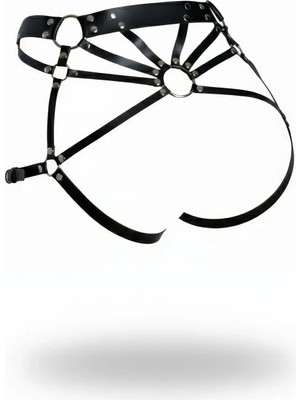 Beruflic Siyah Tanga - Külot Deri Bantlı Halka Detaylı Kalça Aksesuarı - APFT1048