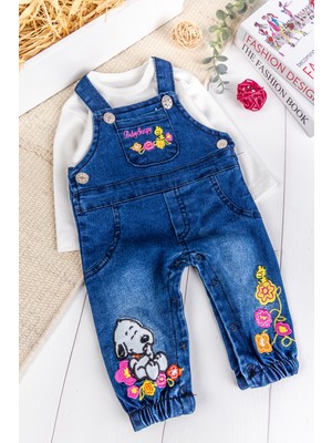 Babymod Çiçek Nakışlı Kot  2'li Kız Bebek Salopet Tulum