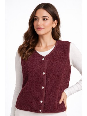 Çıtçıt Detaylı Kahverengi Trend Fitted Kuzu Yelek