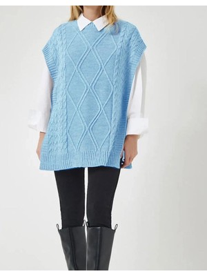 Yuga Knitting Yandan Bağlamalı Triko Örgü Detaylı Uzun 75CM Kadın Süveteri