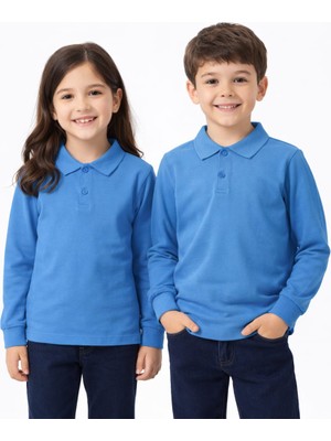 Okul Mavi ( Gök Mavisi ) Polo Yaka Uzunkol Tişört Kıyafetleri Üniforması Çocuk Genç