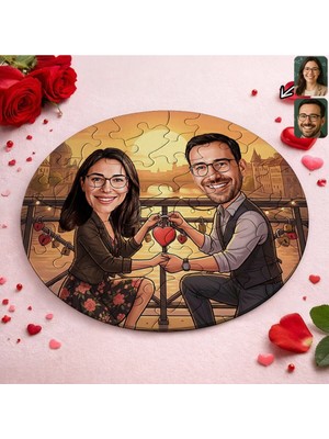 UltraMint Kişiye Özel Sevgili Karikatürlü Yuvarlak Puzzle 20X20CM, Sevgi Dolu Hediye