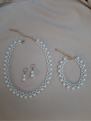 Ravinity Küçük Büyük Incili Kolye Küpe Bileklik Set Hediye Set