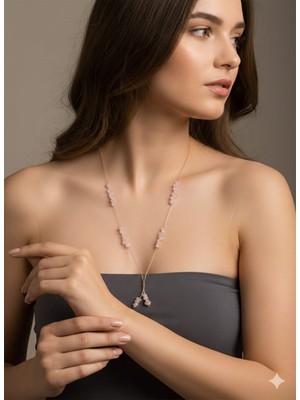 TRENDHAZAN Kobra Zincirli Pembe Kuvars Doğaltaş Kravat Kolye