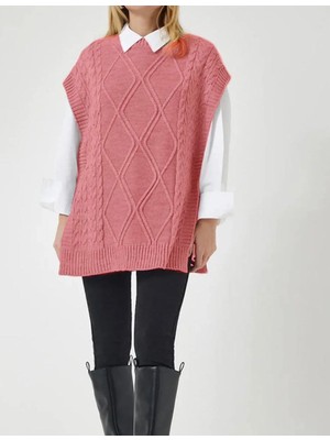 Yuga Knitting Yandan Bağlamalı Triko Örgü Detaylı Uzun 75CM Kadın Süveteri